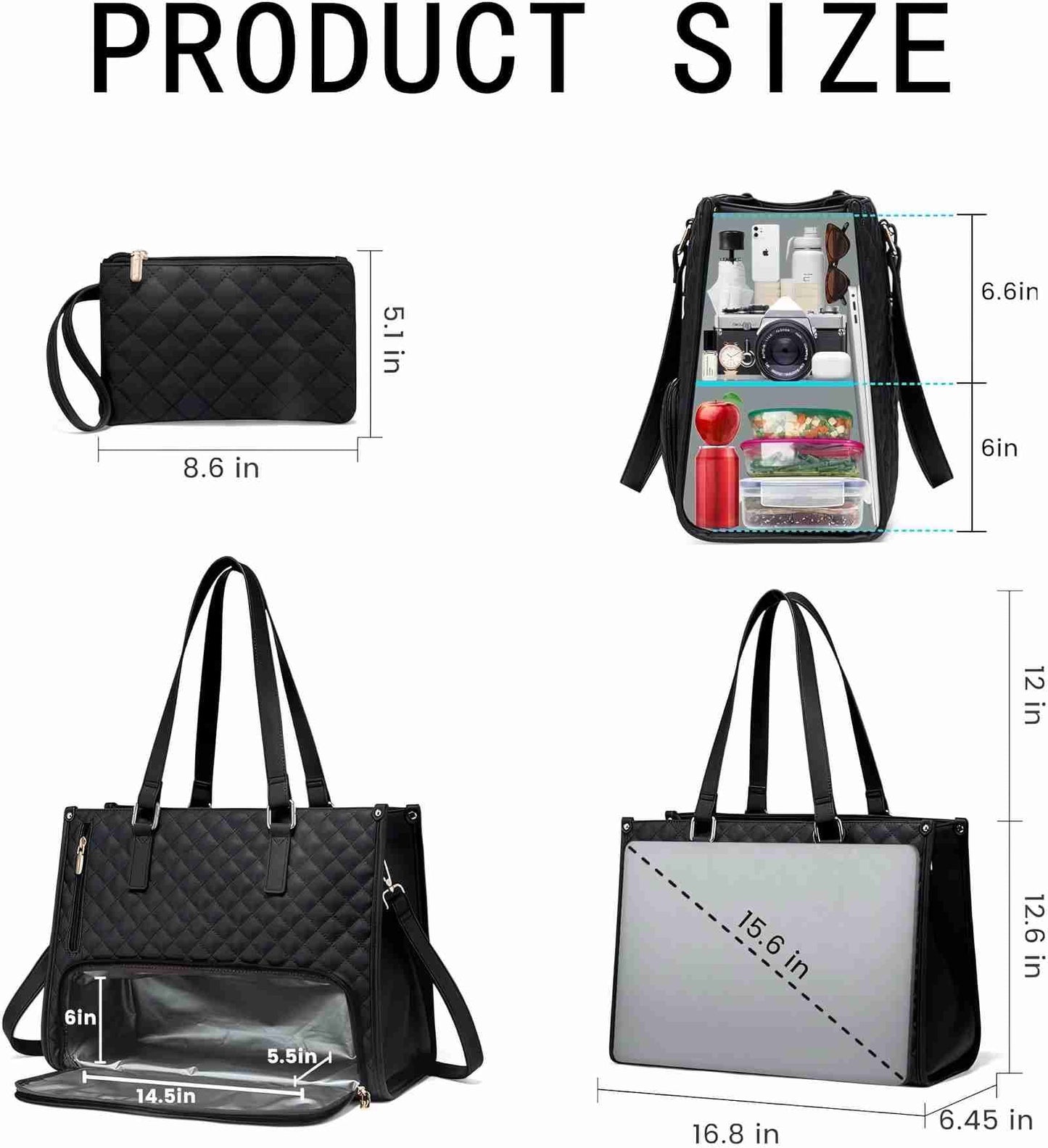 Lunch Tote Bag for Women, 15.6 Inch Laptop Bag with Insulated Lunch Compartment, Quilted Large Capacity Computer Handbag with Purse for Business, Office,Work, Nurse, Casual