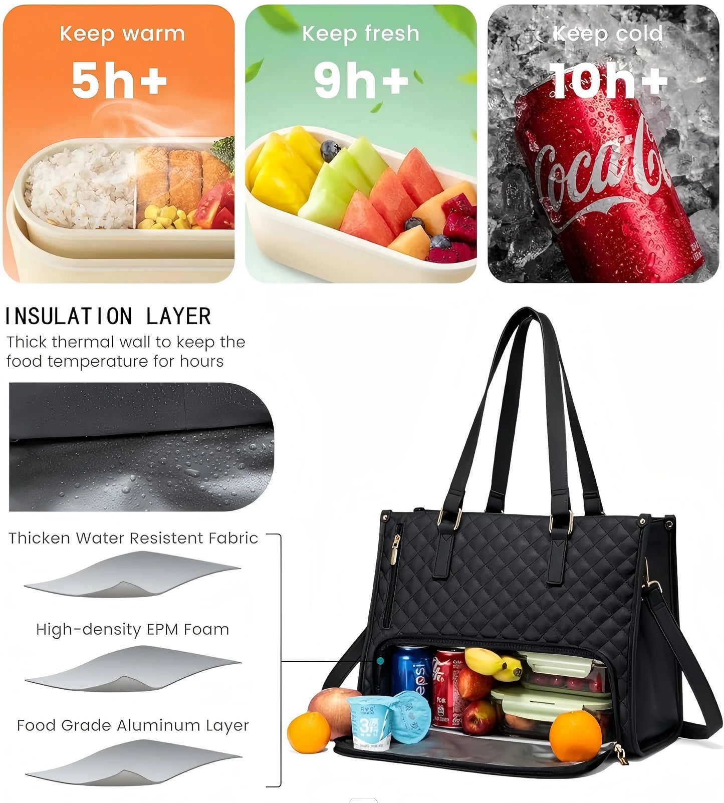 Lunch Tote Bag for Women, 15.6 Inch Laptop Bag with Insulated Lunch Compartment, Quilted Large Capacity Computer Handbag with Purse for Business, Office,Work, Nurse, Casual